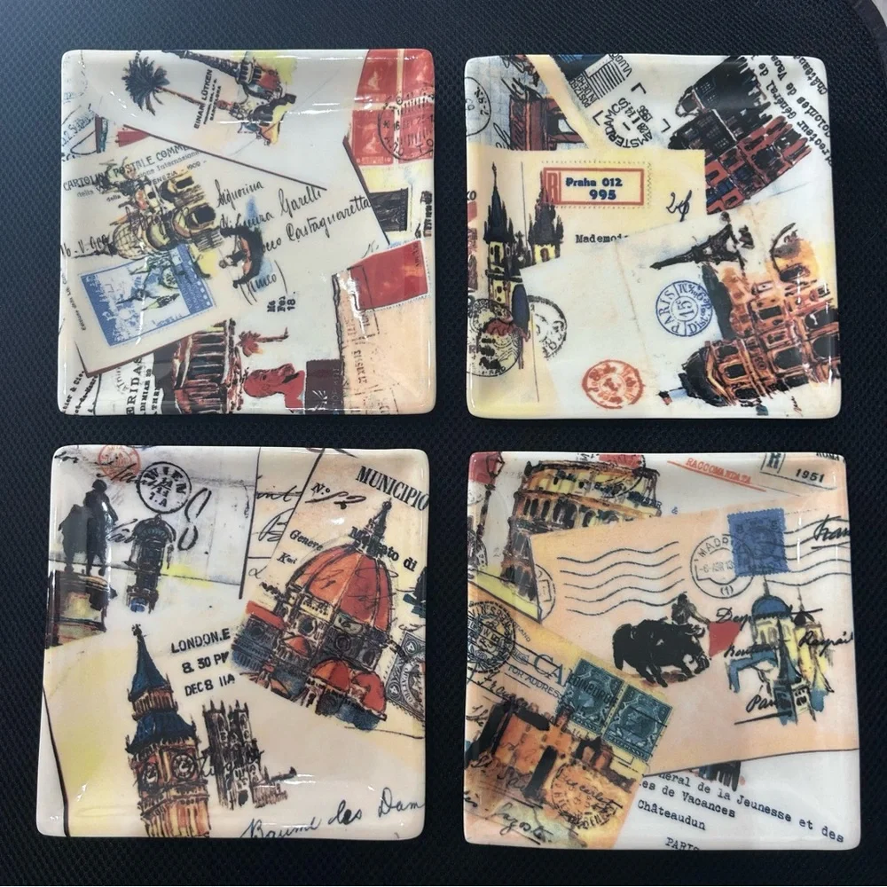 2008 Williams Sonoma Grande Tour Postcard Square Platter 4 Plates Marc Lacaze